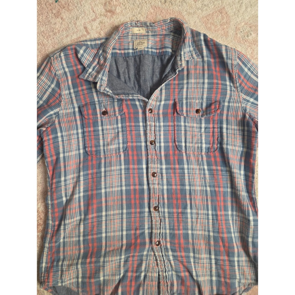 J.Crew Slim Plaid Button Down Shirt Lined Chambray Blue Coral XL
